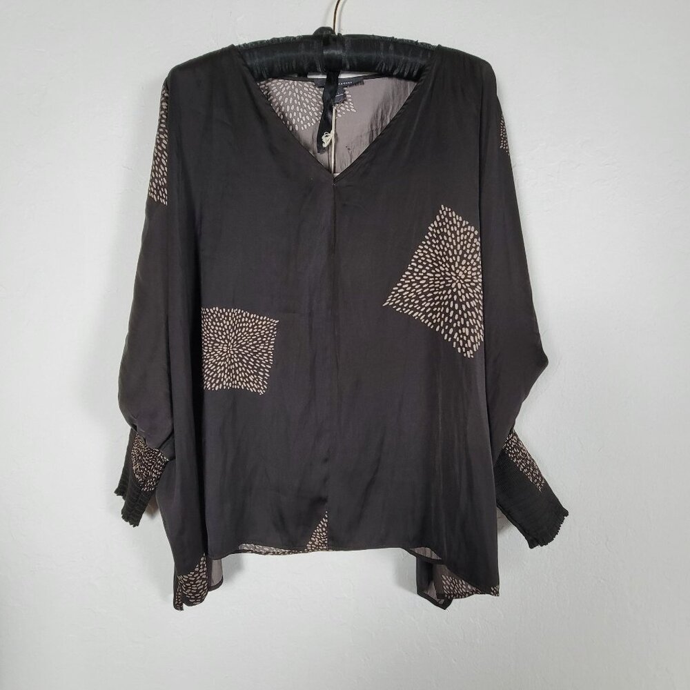 Grade & Gather Womens Black Printed V-Neck Balloon Sleeve Top Blouse Large New